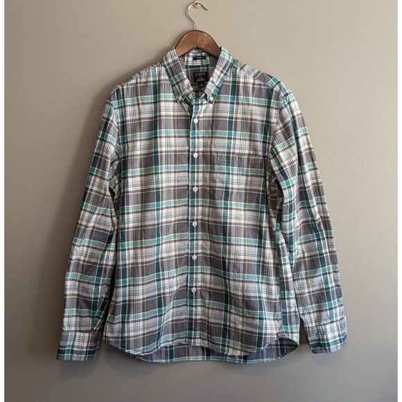 J.Crew Size Large Green Plaid Shirt Mens Slim Fit Button Down Top White Stretch - Picture 1 of 4